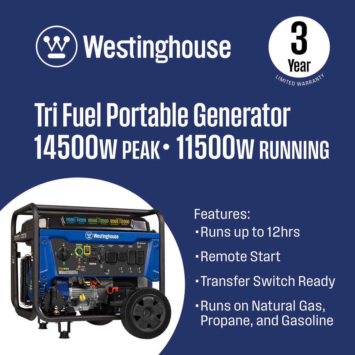 Westinghouse WGen11500TFc 11500W Tri-Fuel Portable Generator